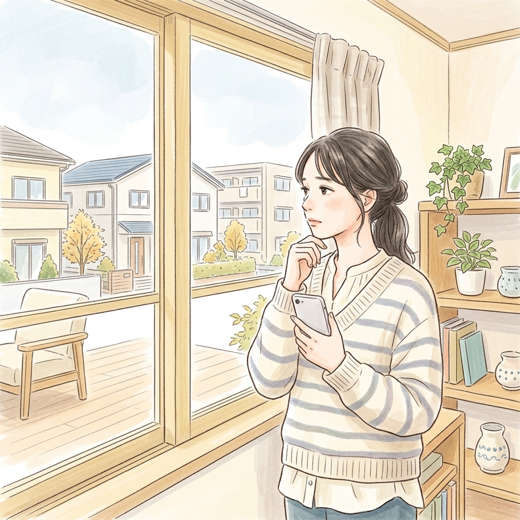 窓の外を眺めながら、片手にスマホを持ち、周囲から「専業主婦でいいよね」と言われた時の複雑な表情を浮かべる日本の女性の姿