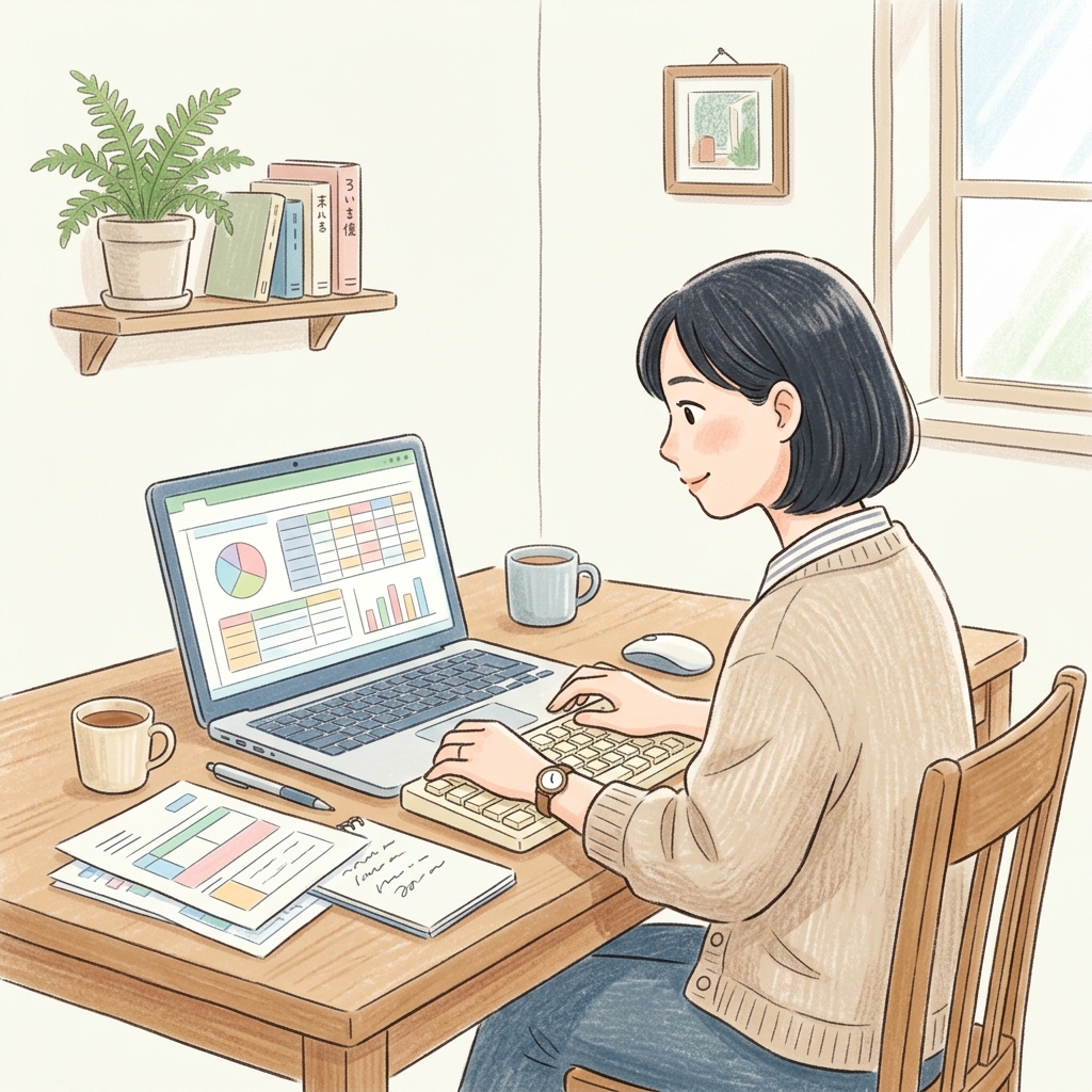 自宅の机で、資料を見ながらテンキーをリズミカルに叩き、パソコンの画面にデータを入力する女性の集中した表情