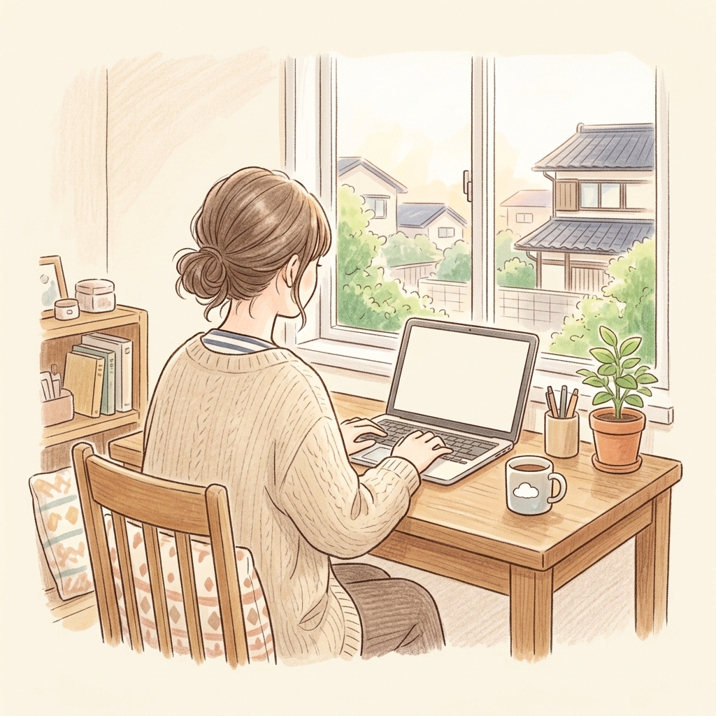 ノートパソコンに向かって、調べものをしながらカタカタと文章を入力している真剣な表情の女性