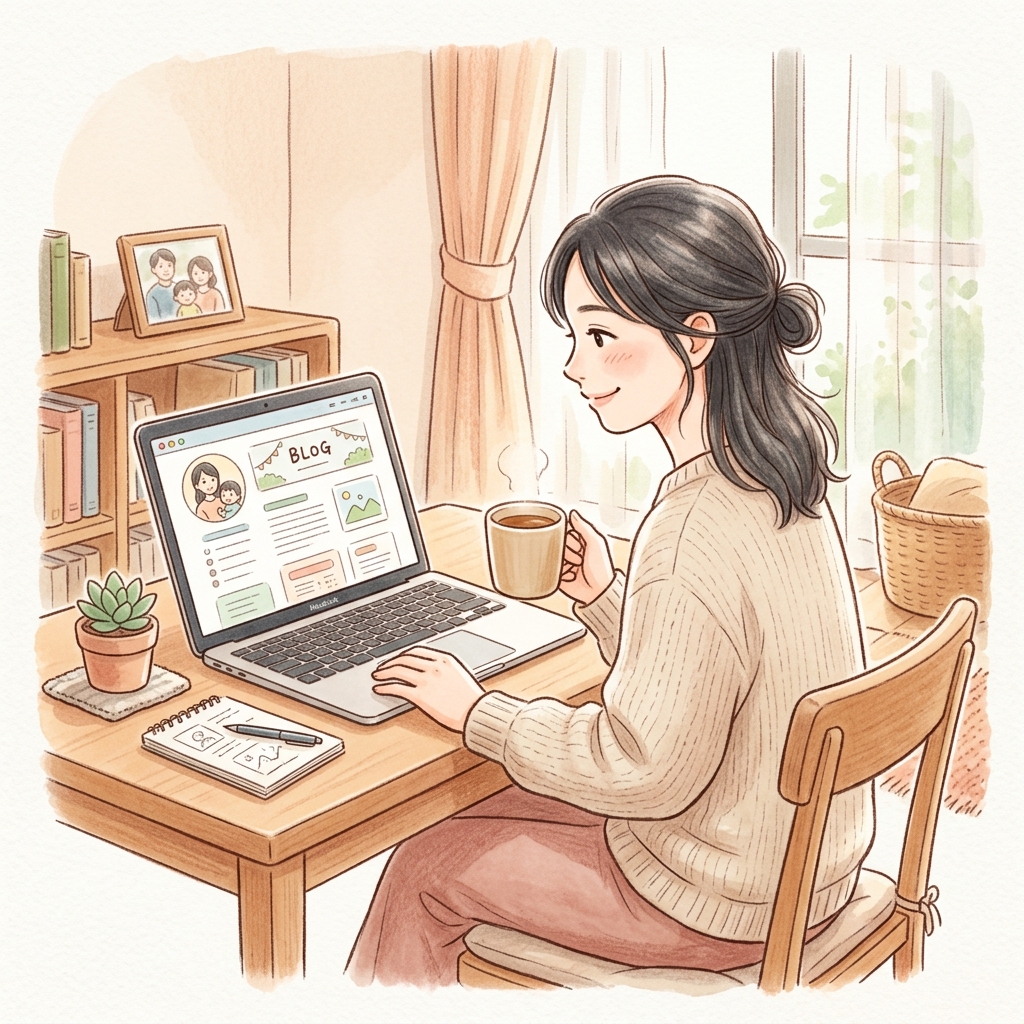 自分のブログのデザインを笑顔で確認し、読者からの温かいコメントを読んで嬉しそうに微笑む女性