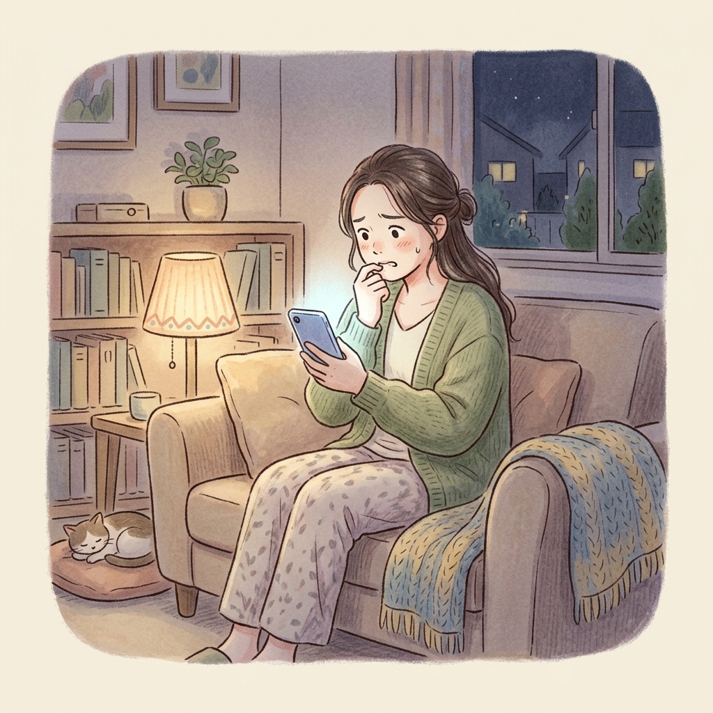 夜の薄暗いリビングで、ソファに座りながらスマホの検索画面に「転勤族 末路」と表示されているのを不安そうに見つめる女性