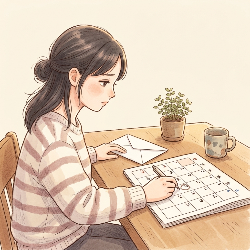 カレンダーに引越し予定の印を書き入れながら、夫の会社のロゴが入った封筒を寂しげに見つめる女性 of 横顔