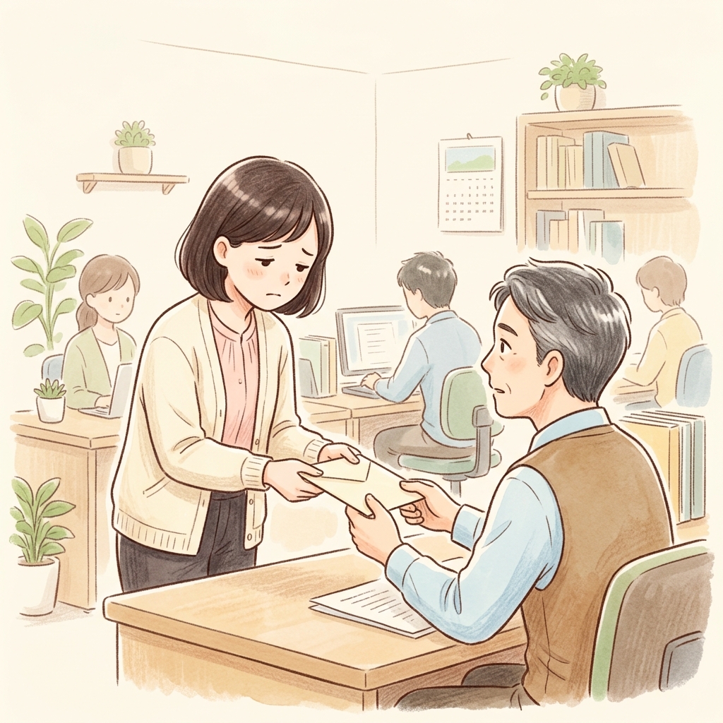 職場で「退職届」を上司に手渡ししながら、切ない表情で頭を下げる日本のオフィスカジュアルを着た女性