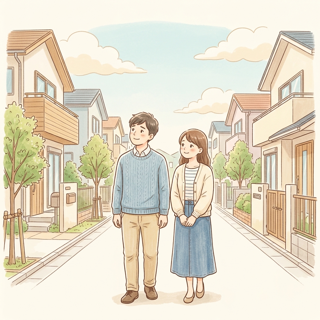 新築の戸建ての並ぶ街並みを散歩しながら、少し羨ましそうな表情で立ち止まって家々を眺める夫婦