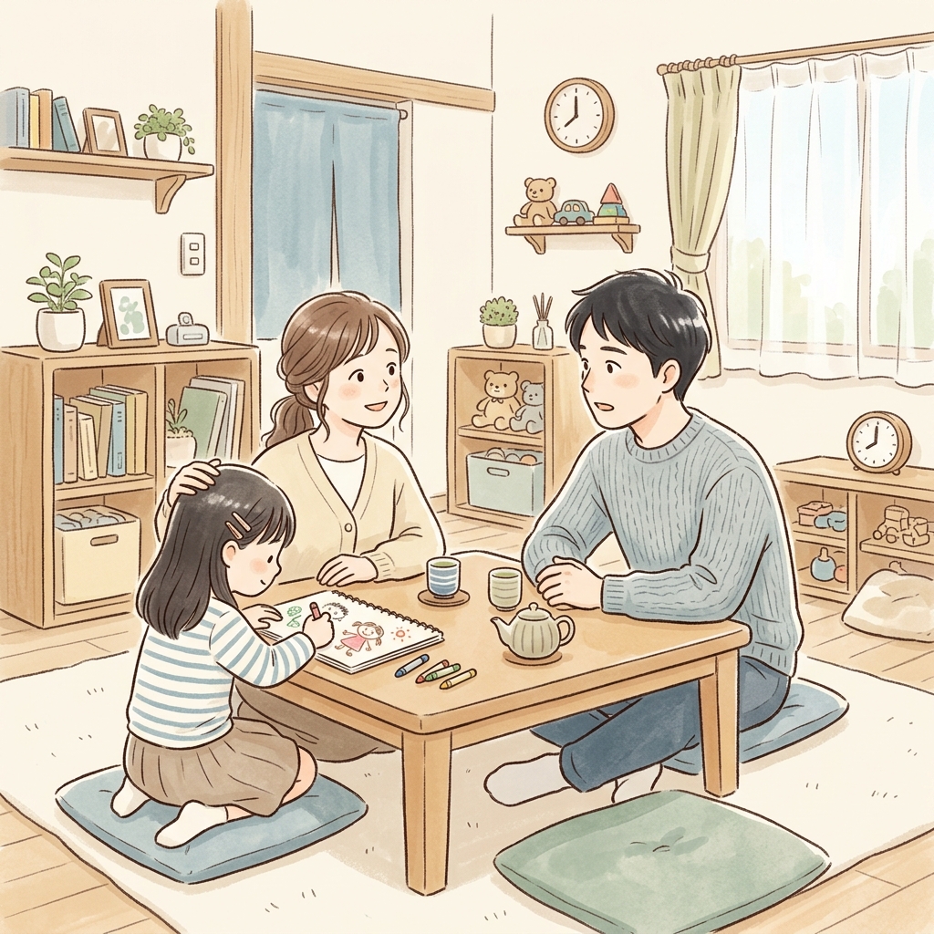 リビングで、お絵描きをしている小学生くらいの子どもの頭を優しく撫でながら、今後の進路について真剣に話し合う夫婦