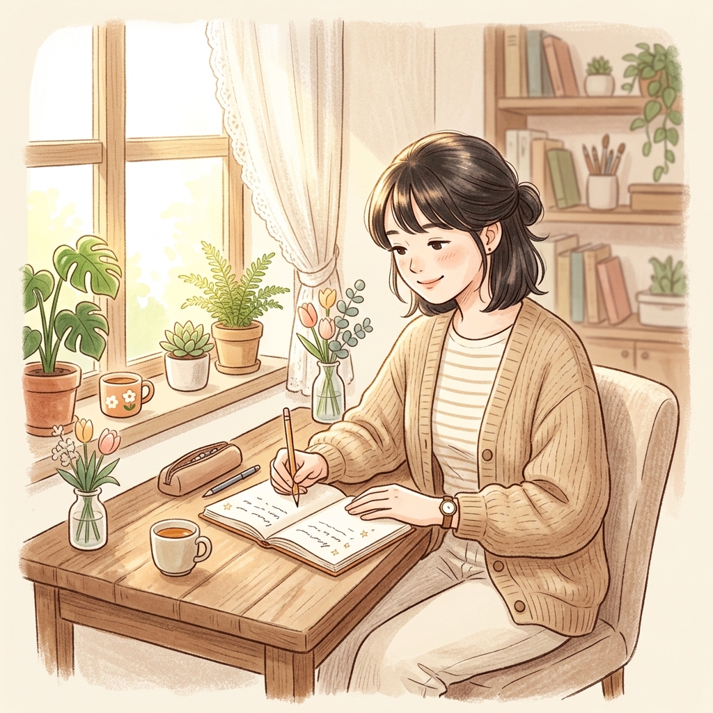 明るい日差しが差し込むデスクで、手帳を開いて未来の目標ややりたいことを書き出している女性