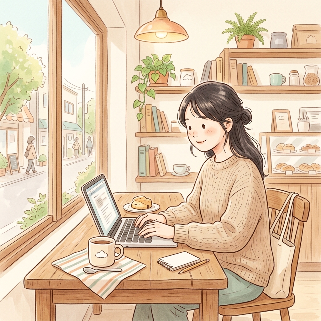 カフェの落ち着いた席で、ノートパソコンを開いて穏やかな表情で作業をしている日本の女性