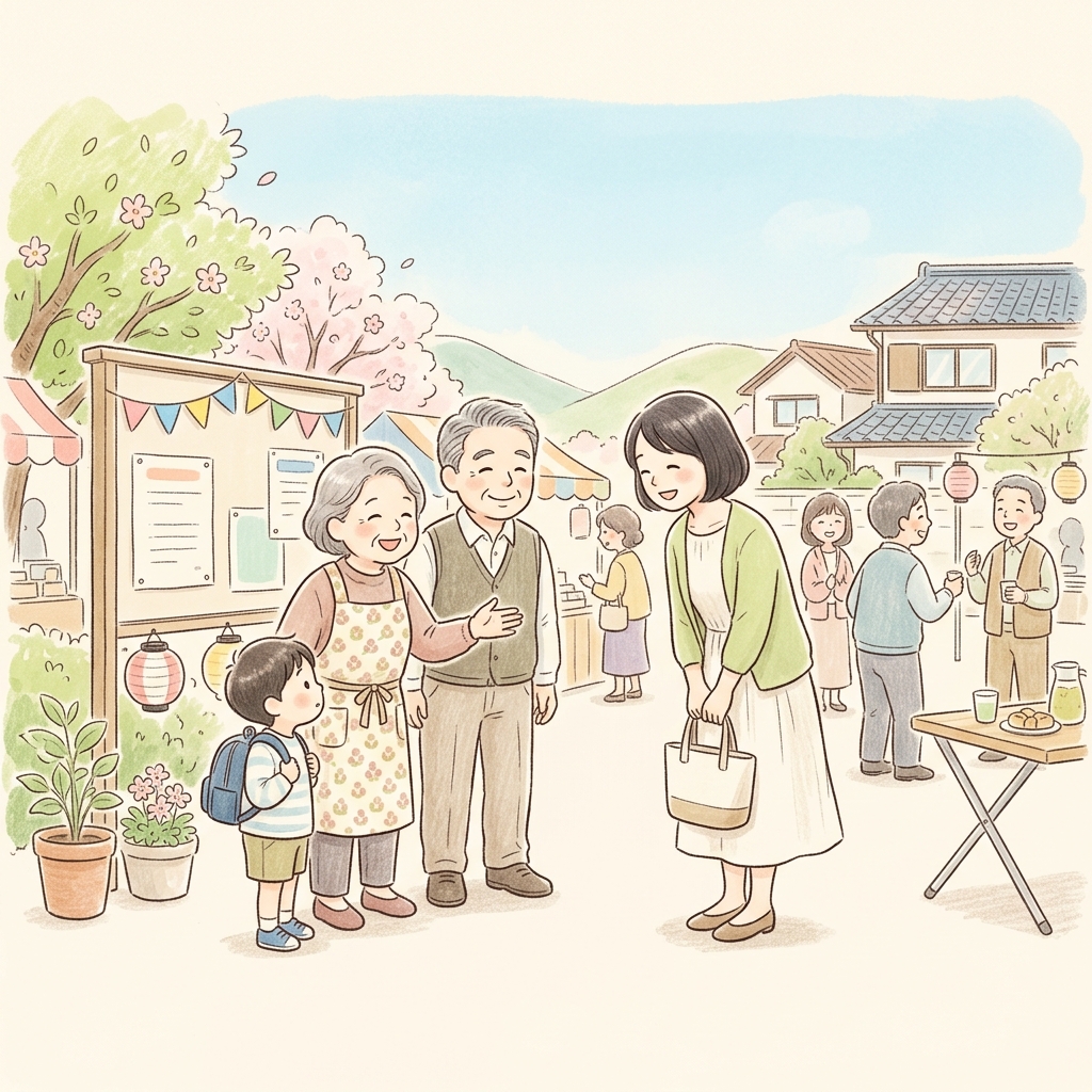 新しい街のコミュニティイベントで、初めて会った地元の人たちと笑顔で挨拶を交わす親しみやすい雰囲気の女性